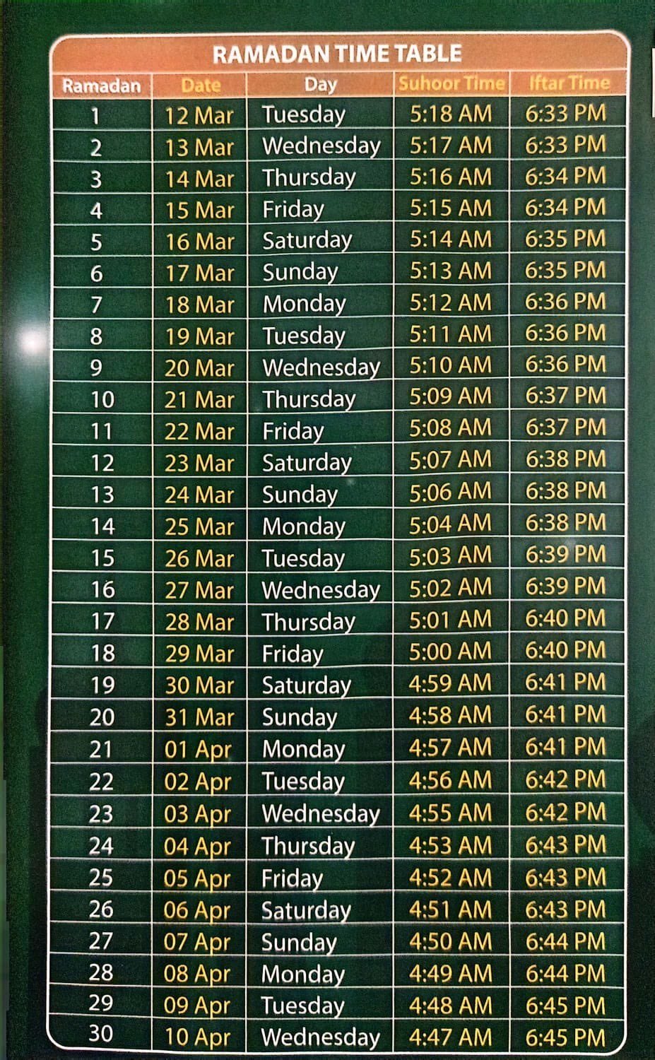 Ramadan Time Table UAE 2024, Ramadan 2024 Calendar